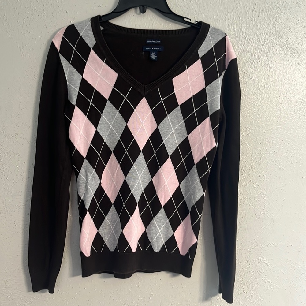 Tommy Hilfiger women’s size small V-neck argyle sweater 100% Pima cotton